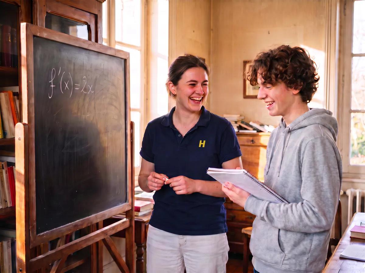 Cours particulier Hadamard : jeune prof en polo Hadamard au tableau avec un élève
